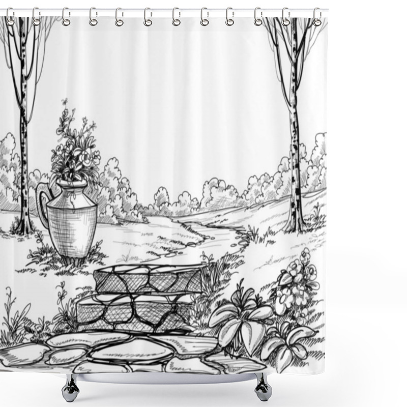 Personality  Stone Stairs In The Park Pencil Drawing Shower Curtains