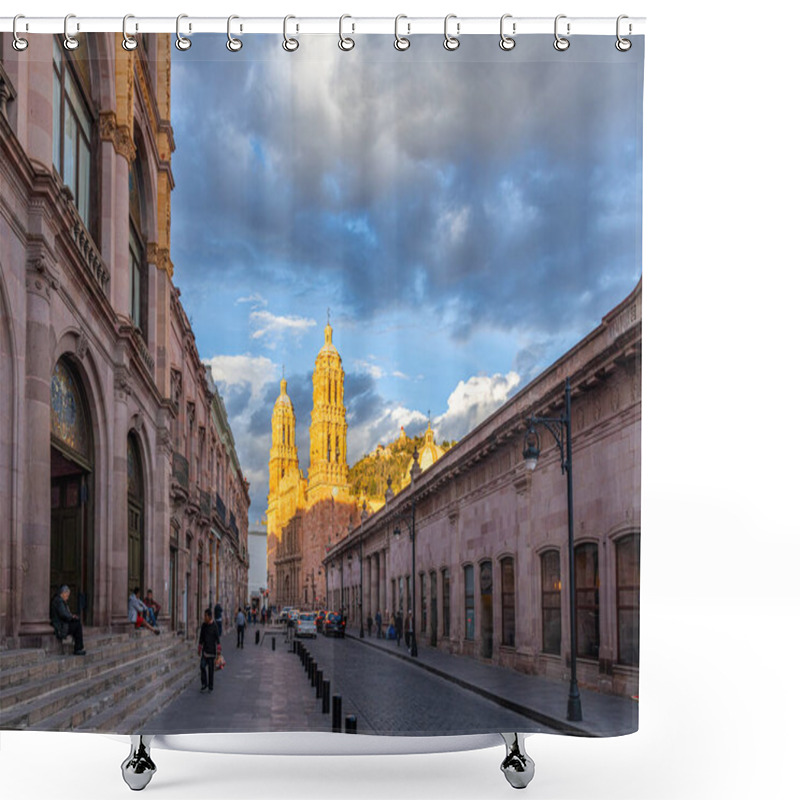 Personality  Zacatecas, Zacatecas, Mexico - November 22, 2019: The View Down Hidalgo Avenue Of Tourists And Locals Enjoying The Day At The Theatre Fernando Calderon, The Playmohistoria, And The Catedral De Zacatecas Shower Curtains