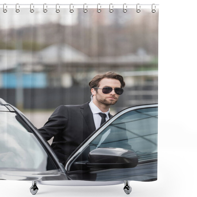 Personality  Bearded Bodyguard In Suit And Sunglasses With Security Earpiece Sitting In Modern Car  Shower Curtains