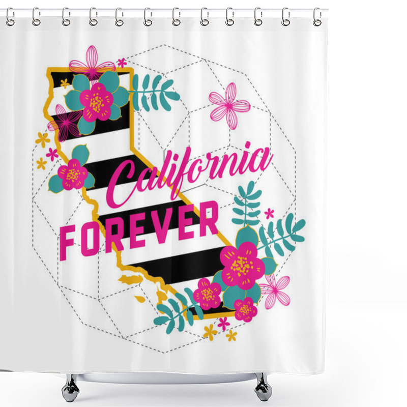 Personality  California Forever State Map Creative Vector Typography Lettering Composition With Flowers. Design Concept Shower Curtains