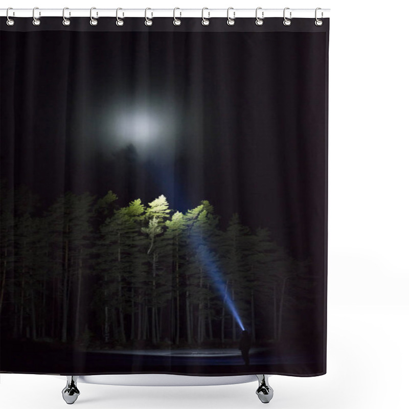 Personality  Man Standing Outdoors At Night In Tree Alley Shining With Flashlight. Beautiful Dark Snowy Winter Night. Shower Curtains