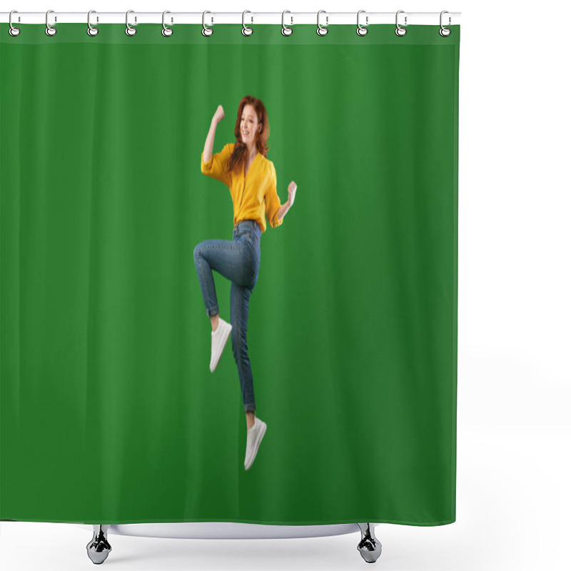 Personality  Happy Millennial Girl Jumping Shaking Fists, Studio Shot Shower Curtains