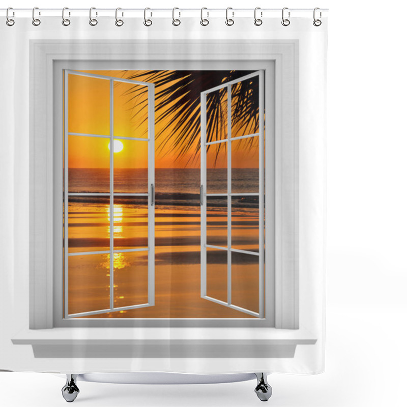 Personality  Open Window With A Tropical Beach View And Orange Sunset Shower Curtains