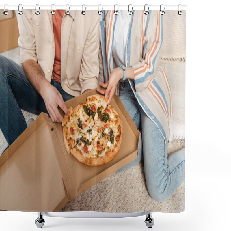 Personality  Cropped View Of Couple Holding Pieces Of Pizza In Box On Floor Shower Curtains