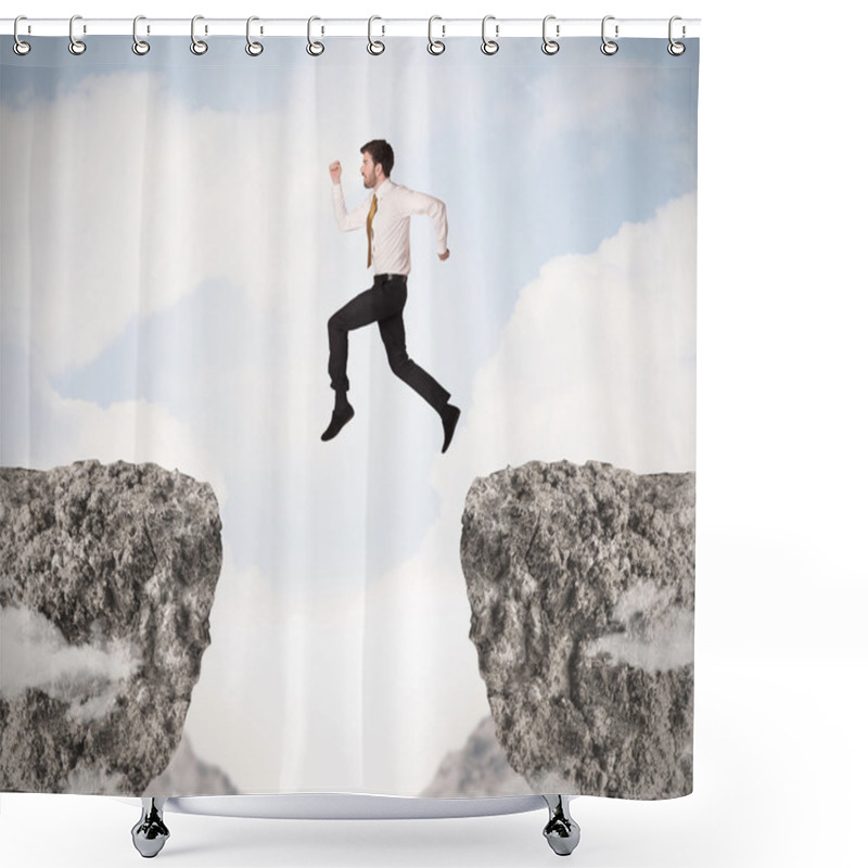 Personality  Funny Business Man Jumping Over Rocks With Gap Shower Curtains