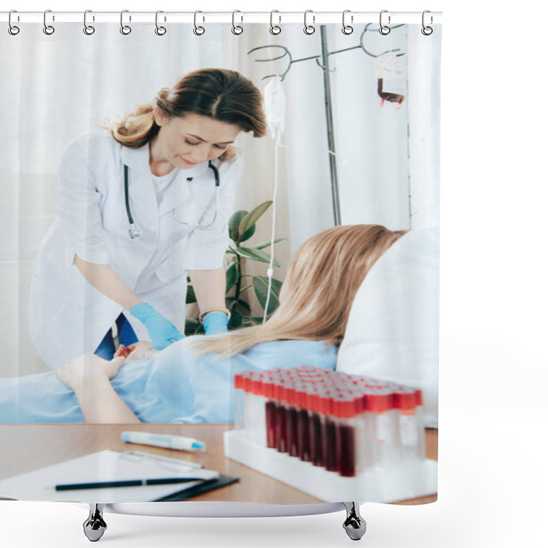 Personality  Doctor In White Coat And Donor Donating Blood In Hospital Shower Curtains