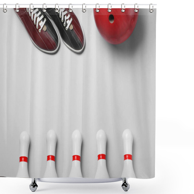 Personality  Bowling Ball, Shoes And Pins On White Background, Flat Lay Shower Curtains