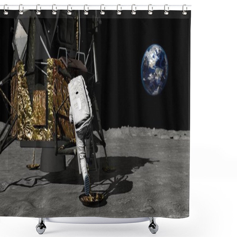 Personality  3D Rendering. Astronaut Descends The Stairs Of The Apollo Spacecraft. CG Animation. Elements Of This Image Furnished By NASA. Shower Curtains