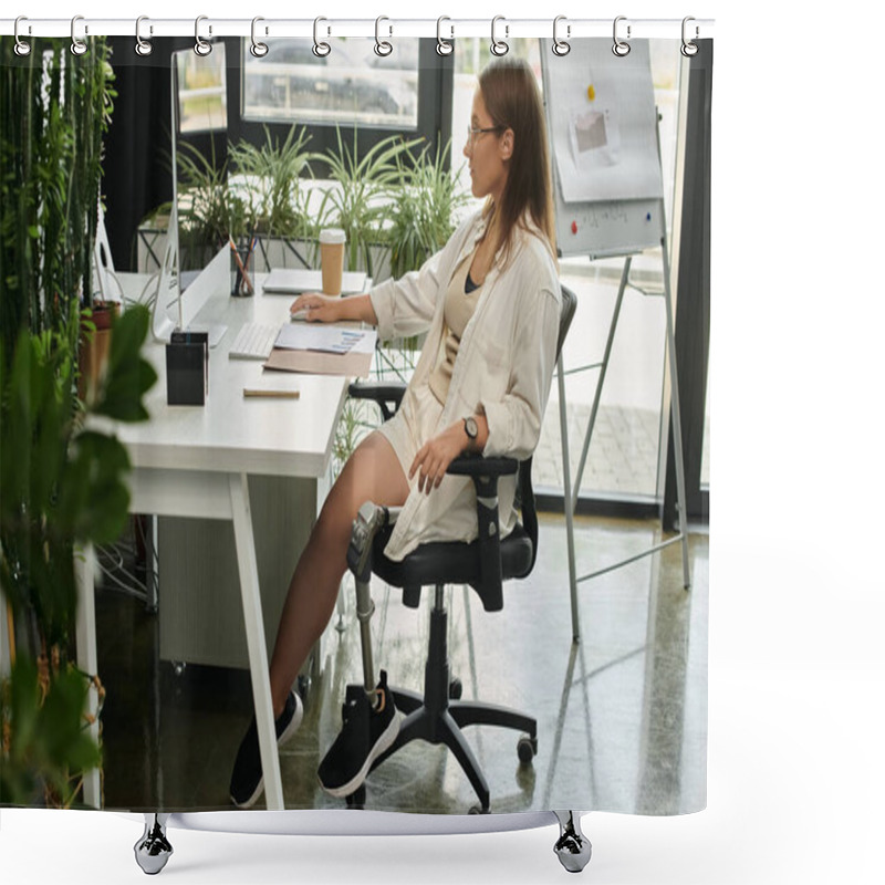 Personality  A Woman Works At A Desk In An Office, Using A Computer. Shower Curtains