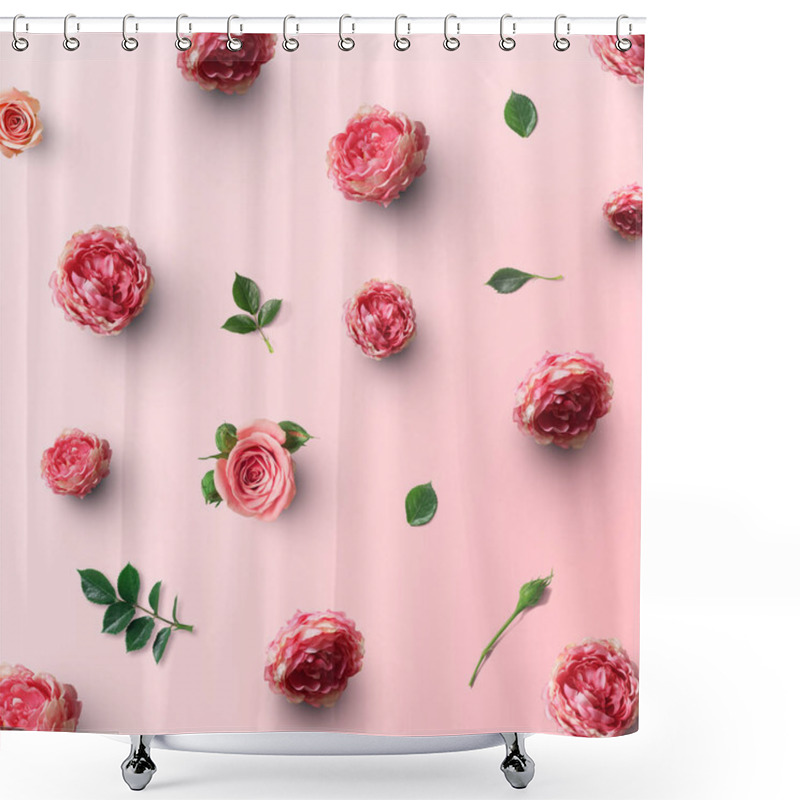 Personality  Beautiful Rose Flowers With Green Leaves On Pink Background  Shower Curtains