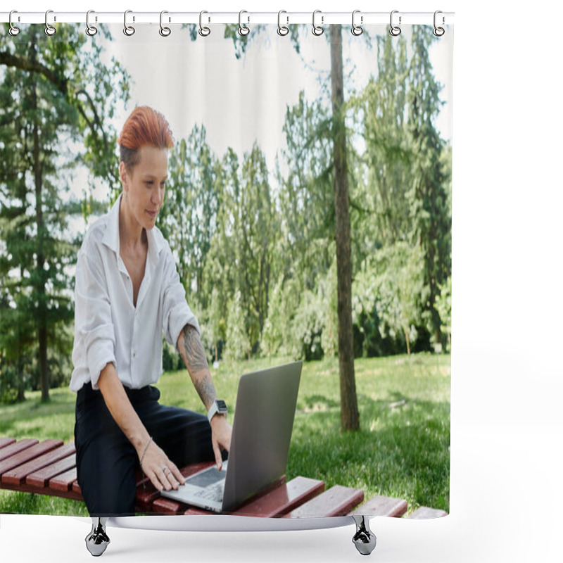 Personality  A Teacher Sits On A Bench, Working On A Laptop In A Lush Green Campus Setting. Shower Curtains