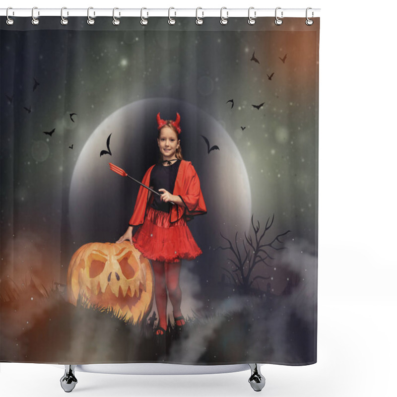 Personality  Little Devil With Jack O Lantern Shower Curtains