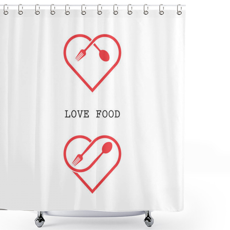 Personality  Spoon And Fork Logo With Red Heart Shape Vector Design Element. Shower Curtains