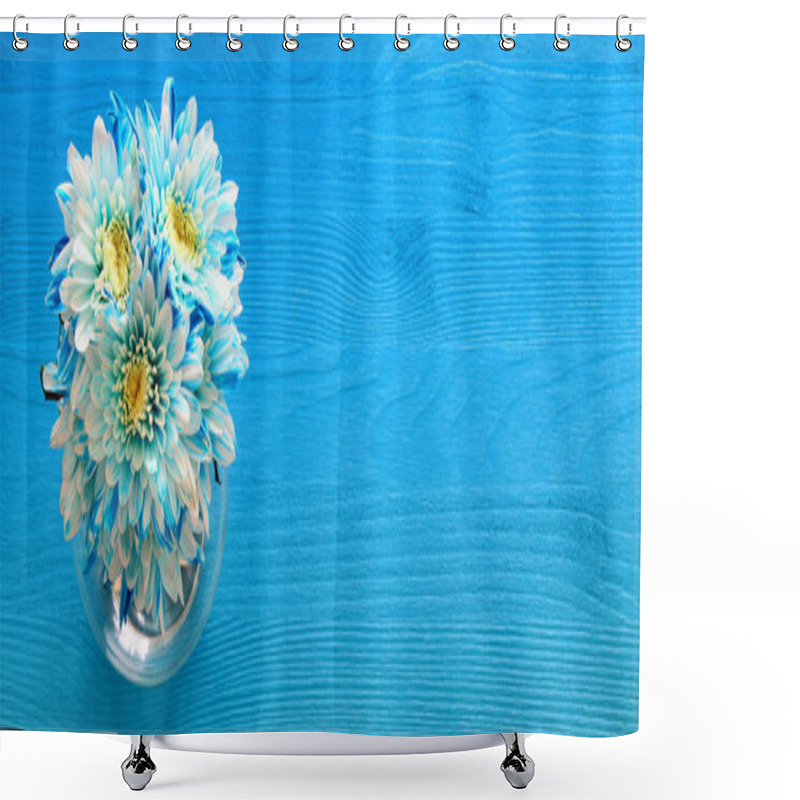 Personality  Delicate Blue Flowers Arrangement On Wooden Background. Copy Space Shower Curtains