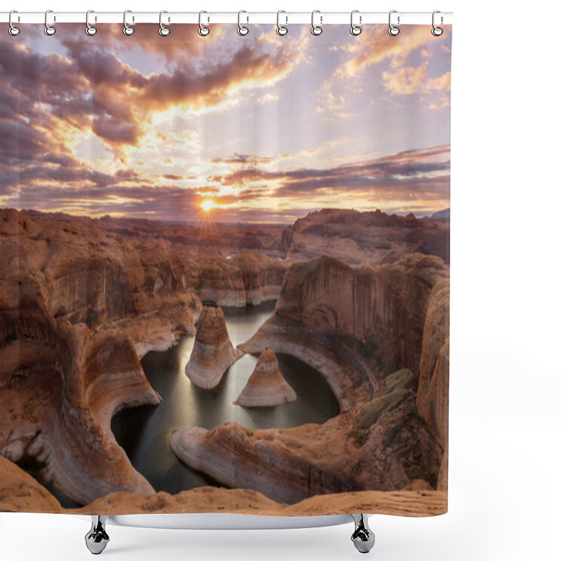 Personality  Unusual Natural Background. Reflection Canyon On Lake Powell, Utah, USA. Inspiring Hiking Scene-man Resting On The Beautiful Sunset Point. Shower Curtains