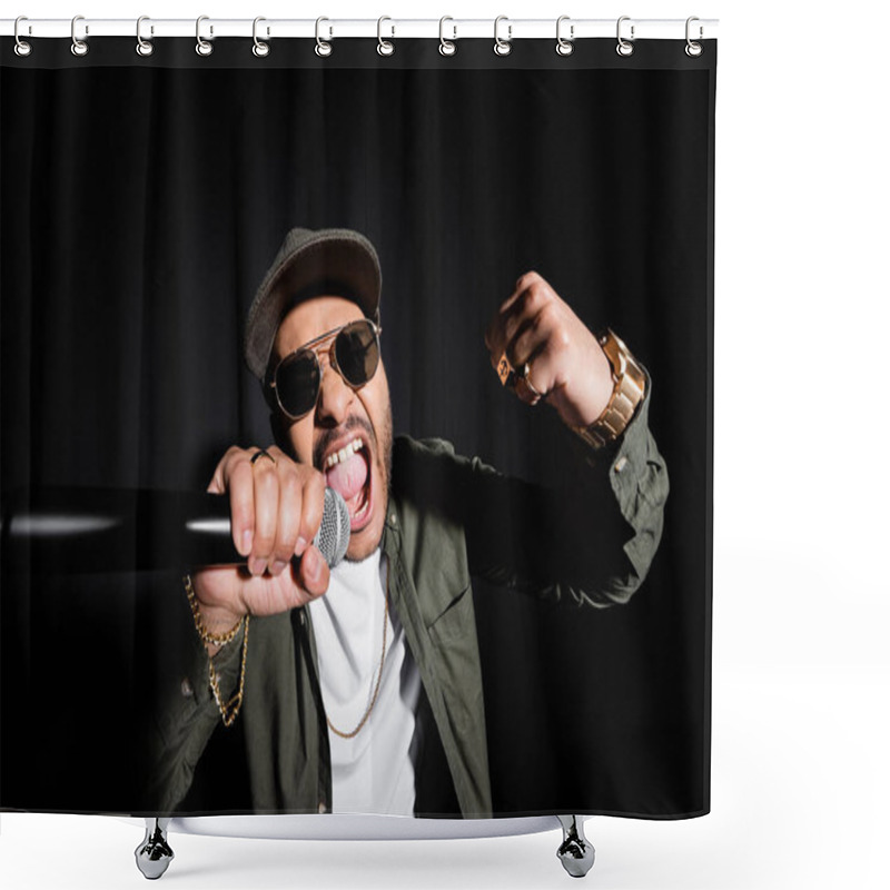 Personality  Indian Hip Hop Performer In Sunglasses And Cap Singing Loud In Microphone On Black Shower Curtains