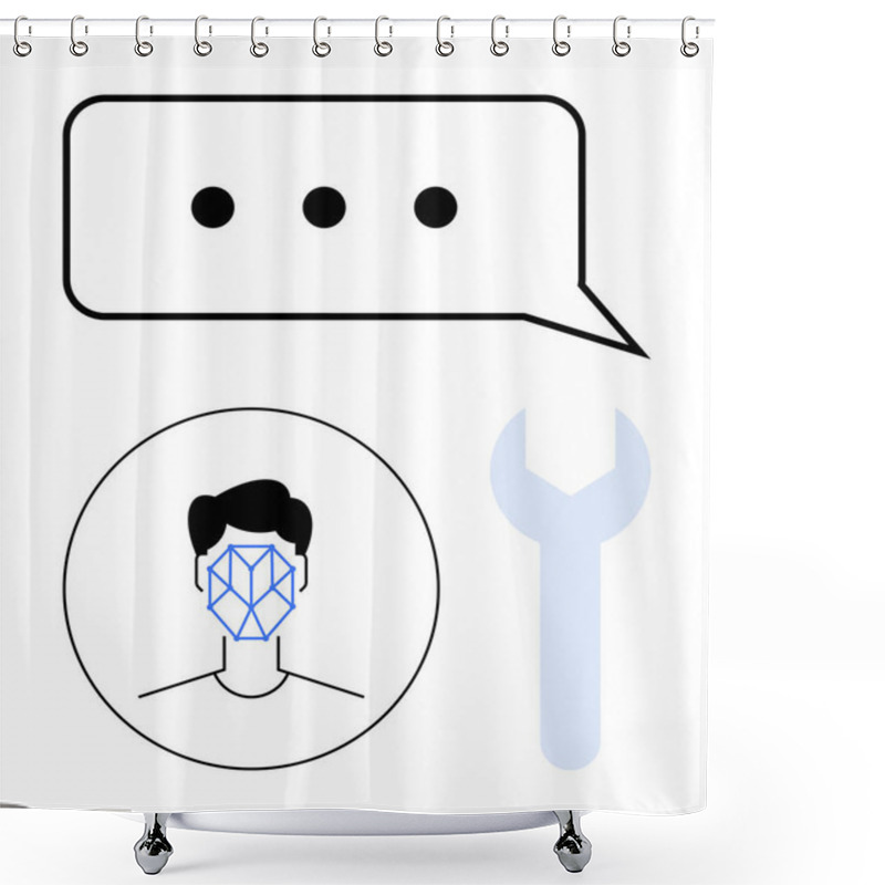 Personality  Speech Bubble With Three Dots, Person With Digital Face Recognition Grid, And Wrench. Ideal For Tech Development, Digital Tools, AI, User Interaction, Innovation, Problem-solving Abstract Line Flat Shower Curtains