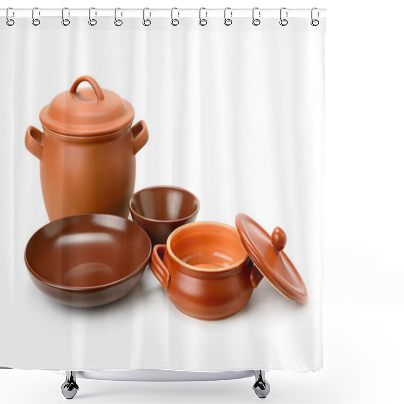 Personality  Clay Pots, Cup, Bowls Isolated On White Background. Shower Curtains