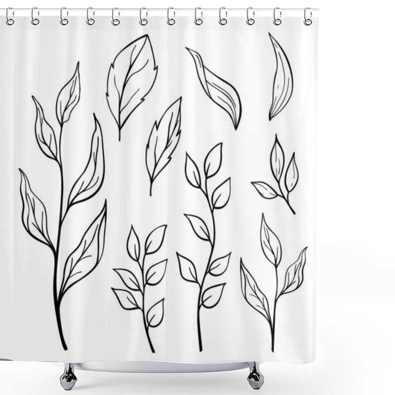 Personality  Hand Drawn Set Of Leaves Isolated On White Background. Decorative Vector Doodle Sketch Illustration. Botanical Line Art Concept Shower Curtains