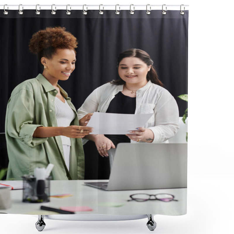 Personality  Two Professional Women Discuss Documents Together In A Stylish Office Environment. Shower Curtains