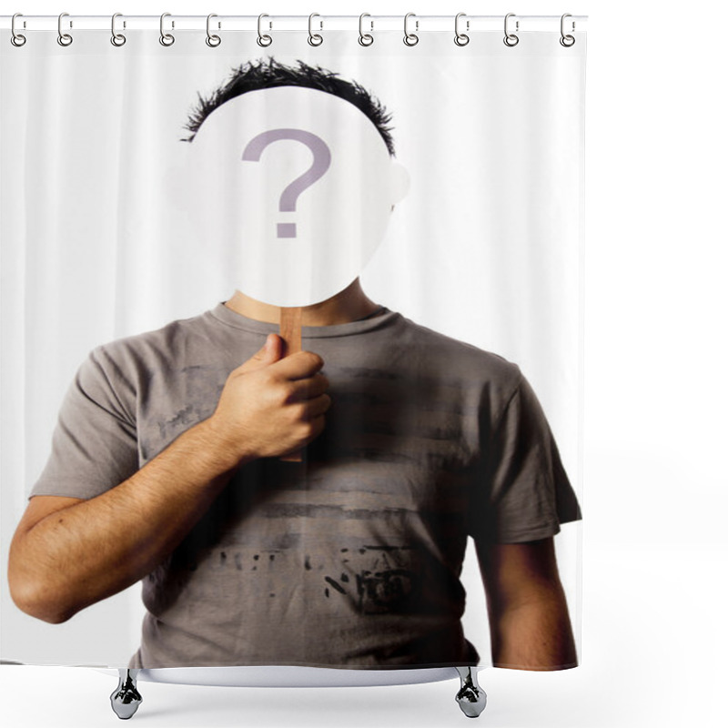 Personality  Photo With A Man And A Questionmark Mask That Can Be Used For Concepts Such As Identity Theft, And Other Identity Issues Shower Curtains