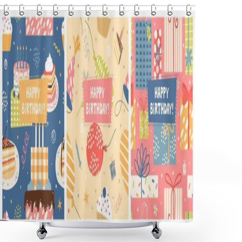 Personality  Happy Birthday Greeting Card Square Templates With Lovely Festive Design Decorated Cake And Sweets, Balloons, Wrapped Surprise Gift Boxes Set. Typography Congratulation Postcard Vector Illustration Shower Curtains