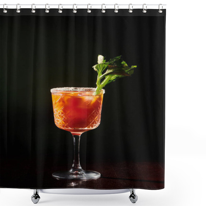 Personality  Stunning Bloody Mary Cocktail With Celery Stalk Garnishing On Black Background, Concept Shower Curtains