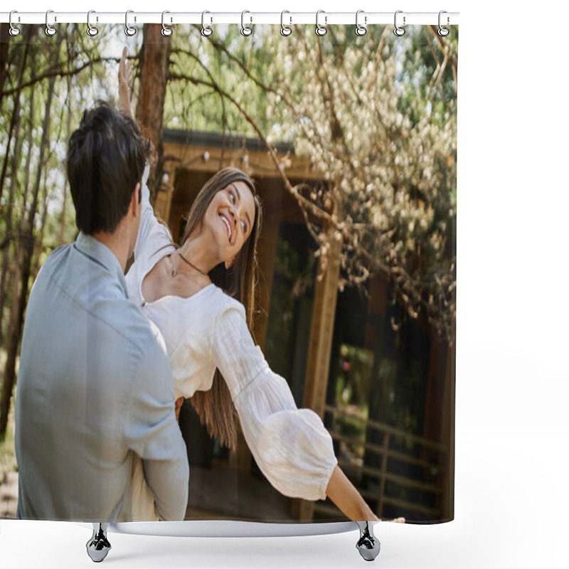 Personality  Man Lifting Happy Woman With Outstretched Hands Near Vacation House In Forest, Summer Romance, Love Shower Curtains