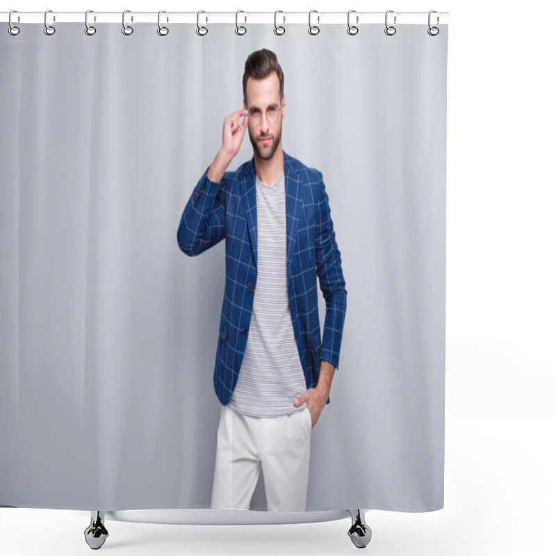 Personality  Portrait Of His He Nice Serious Attractive Well-dressed Imposing Bearded Guy Wearing Checked Blazer Posing Touching Specs Isolated Over Light Grey Pastel Color Background Shower Curtains