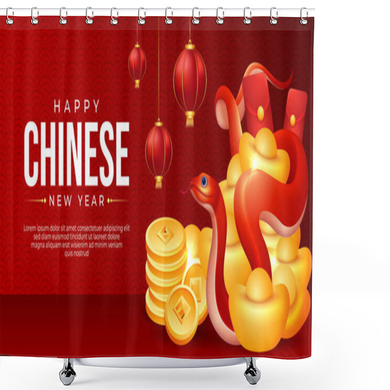 Personality  Chinese New Year 2025 Banner Design With Red Snake, Golden Coins And Ingots Shower Curtains