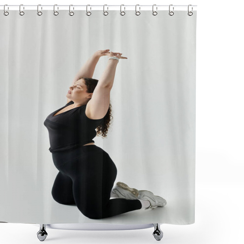 Personality  A Beautiful Plus Size Woman Stretches Her Arms High While Kneeling, Exuding Elegance And Serenity. Shower Curtains