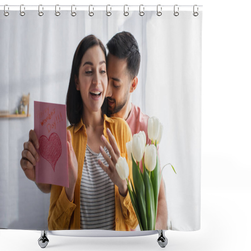 Personality  Young Man Hugging Excited Girlfriend And Presenting Bouquet Of Flowers With Greeting Card In Kitchen Shower Curtains