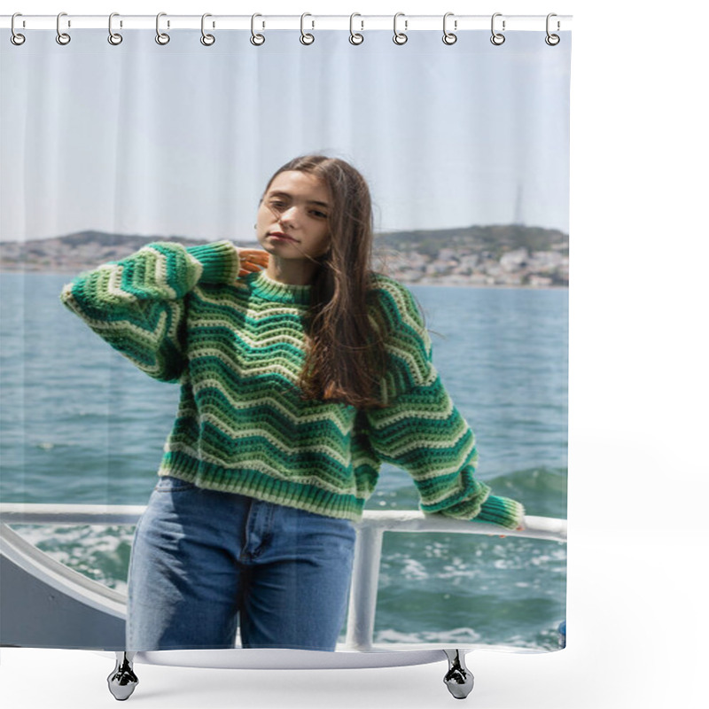 Personality  Portrait Of Brunette Woman In Knitted Sweater Looking At Camera During Cruise On Ferry Boat In Turkey  Shower Curtains