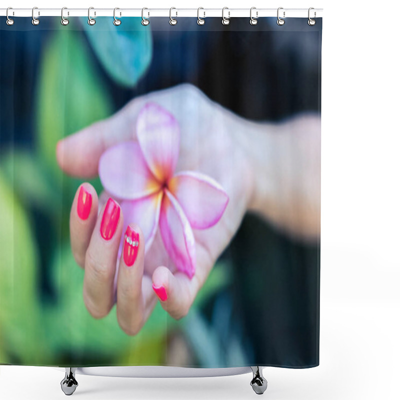 Personality  Plumeria Frangipani Flower In Woman Hand On A Beautiful Nature Background Shower Curtains