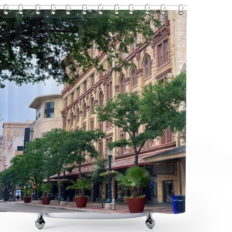 Personality  A Tree-lined Street In Downtown San Antonio, Texas, Featuring Historic Brick Buildings With Decorative Arches And Intricate Architectural Details Shower Curtains