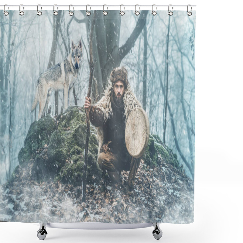 Personality  Shamanic Man Playing On Shaman Frame Drum In The Nature. Shower Curtains