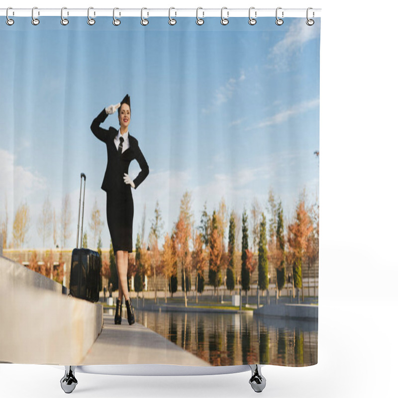 Personality  Smiling Young Woman Stewardess Salutes, With A Suitcase, In The Park Shower Curtains