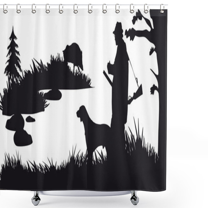 Personality  Hunter With Dog Hunting Animals In The Forest - Black And White Silhouette Shower Curtains