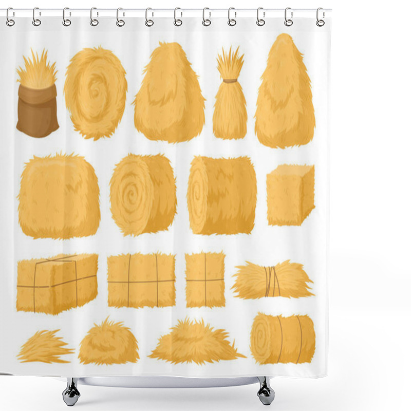 Personality  Cartoon Haystack, Rural Hay Rolled Stacks And Agricultural Haycocks. Dried Haystack, Fodder Straw And Farm Haystacks Vector Symbols Illustrations Set. Bale Of Hay Collection Shower Curtains