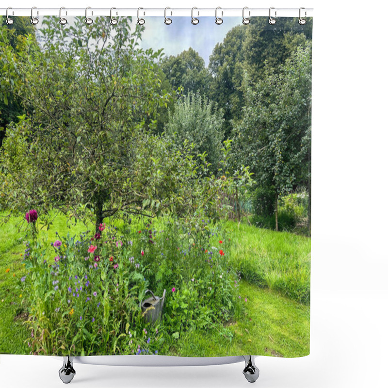 Personality  Flower Bed With Poppies And A Watering Can Around An Apple Tree. A Low-maintenance Design With Meadow Flowers Adding Color.  Jardin Du Rossignol, France Shower Curtains