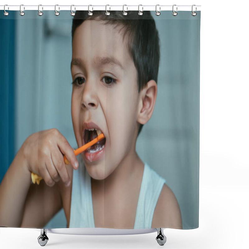 Personality  Adorable, Diligent Kid Brushing Teeth In Bathroom Shower Curtains