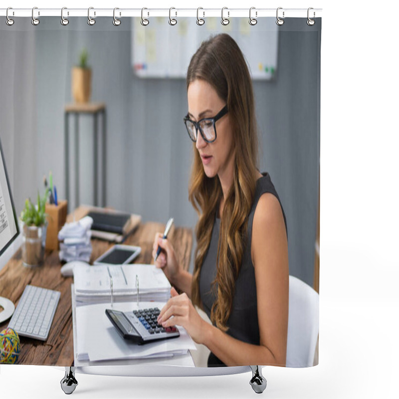 Personality  Close-up Of A Businessperson's Hand Calculating Invoice At Workplace Shower Curtains