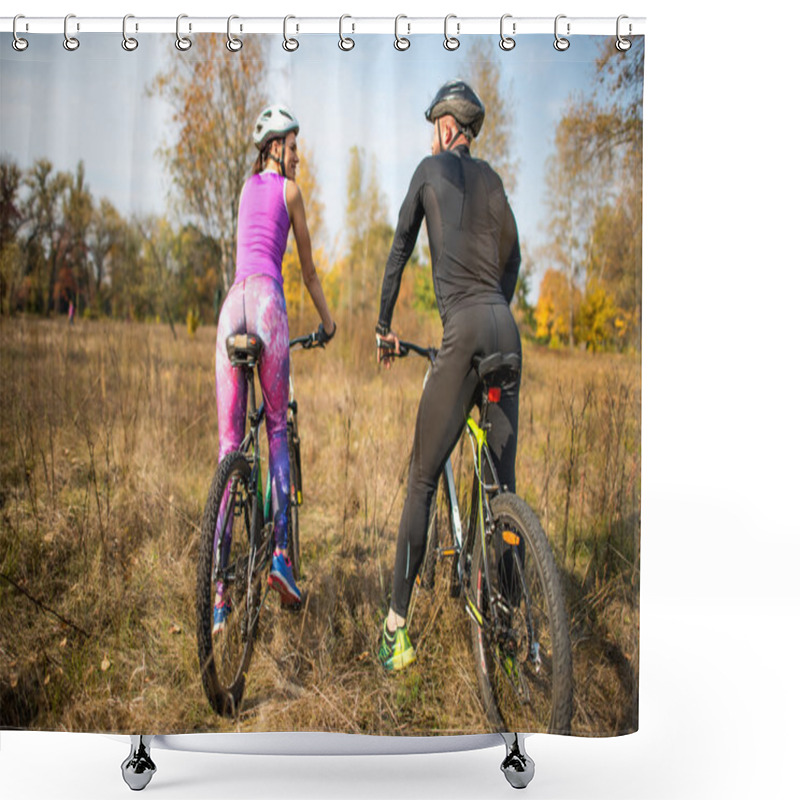 Personality  Cyclists In Autumn Park Shower Curtains