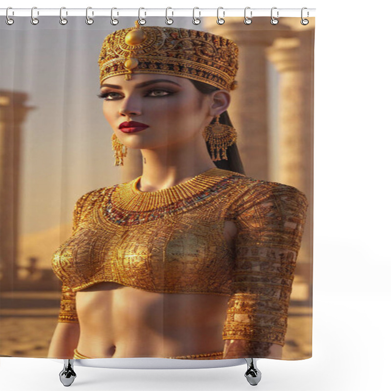 Personality  Ancient Egyptian Royalty: A Powerful Scene Of An Egyptian Queen Or Pharaoh, Adorned In Gold Jewelry, With Intricate Makeup, A Crown, And Royal Garments, Standing In Front Of A Majestic Temple, The Air Filled With Warmth From The Desert Sun. Shower Curtains