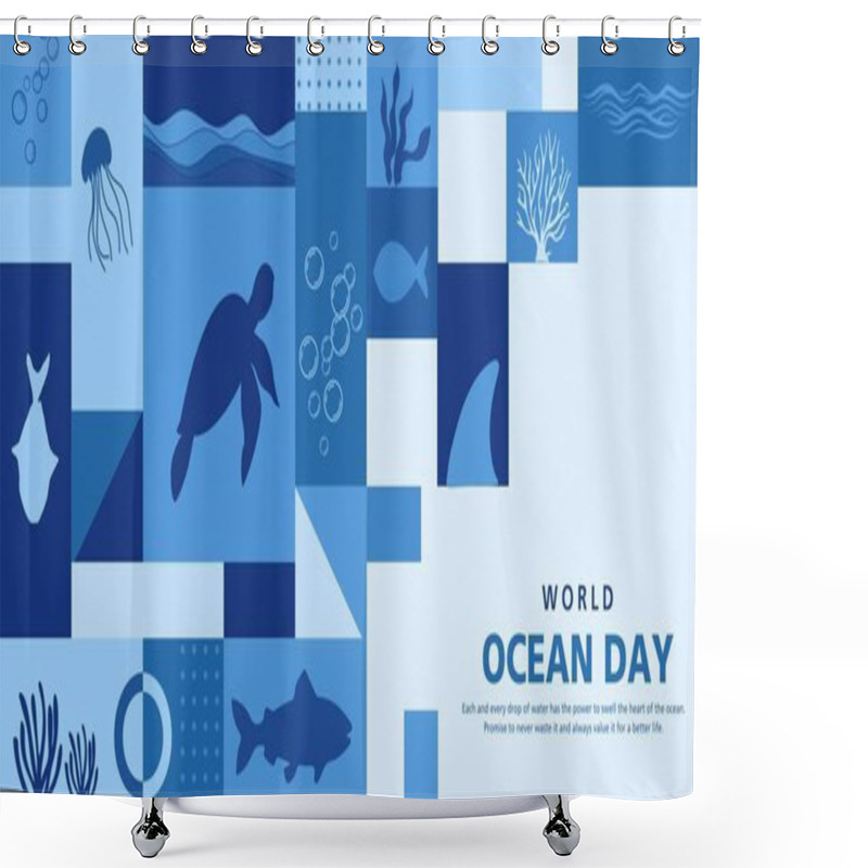 Personality  Happy World Oceans Day Background With Underwater Ocean, Shinny Light Coral, Sea Plants, Stingray And Turtle In Mosaic Pattern. Vector Illustration Shower Curtains