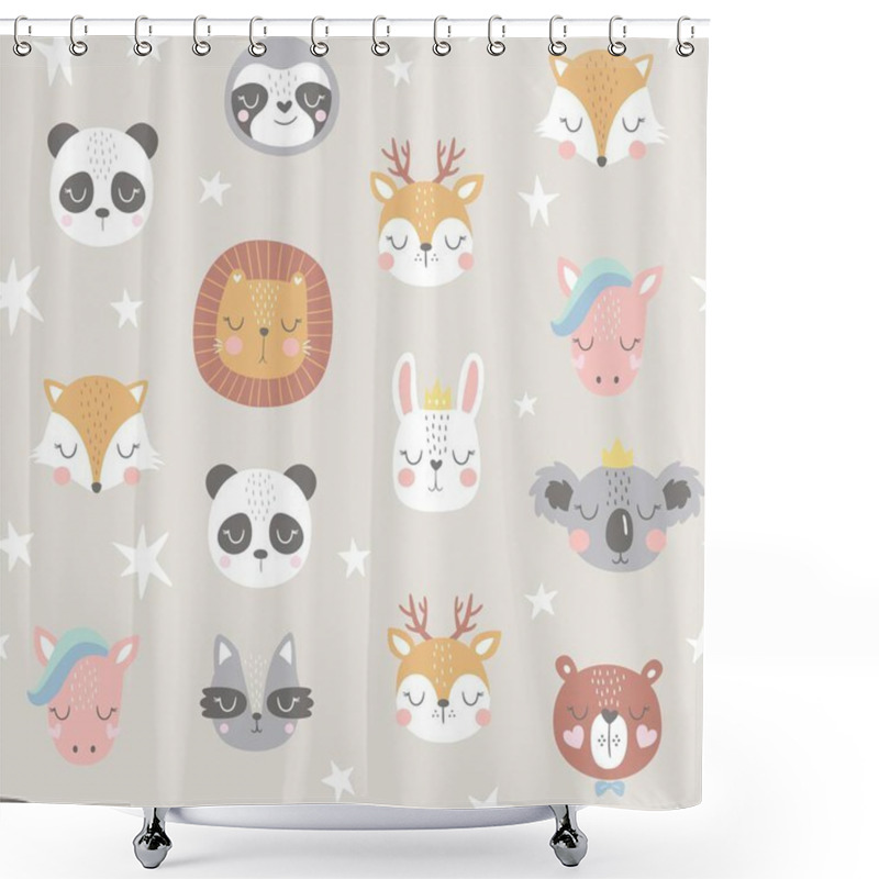 Personality  Seamless Childish Pattern With Funny Animals Faces . Creative Scandinavian Kids Texture For Fabric, Wrapping, Textile, Wallpaper, Apparel. Vector Illustration Shower Curtains