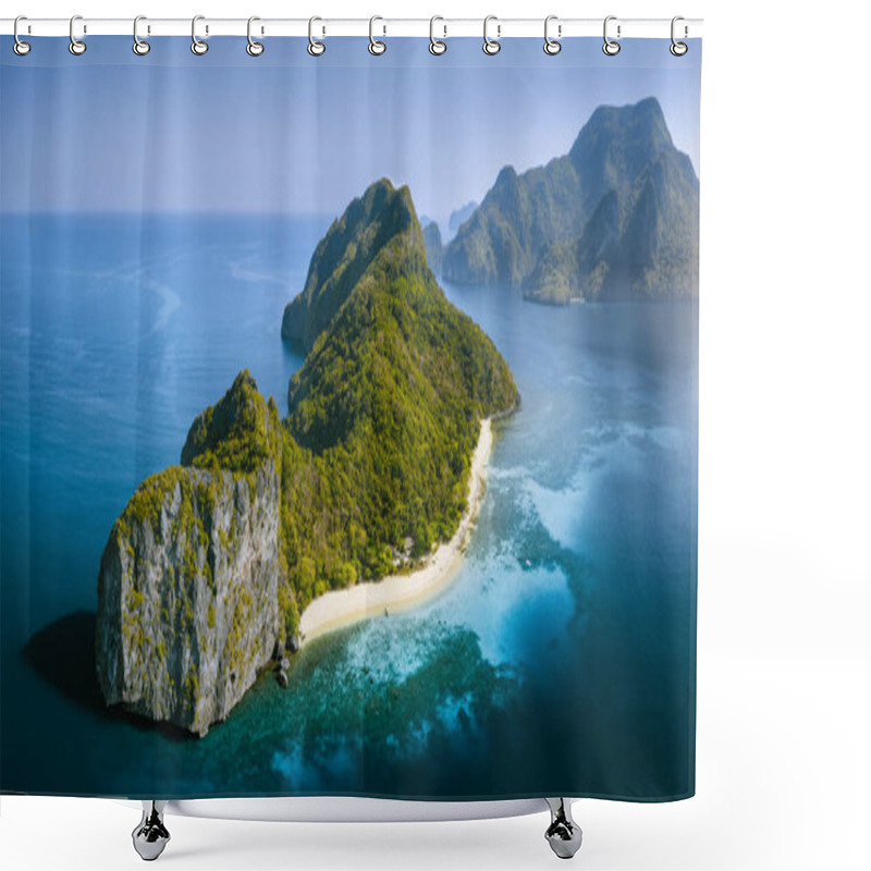 Personality  Drone Aerial Panorama Image Of Helicopter Island In The Bacuit Bay In El Nido, Palawan, Philippines Lit By Morning Sunrise Light Shower Curtains