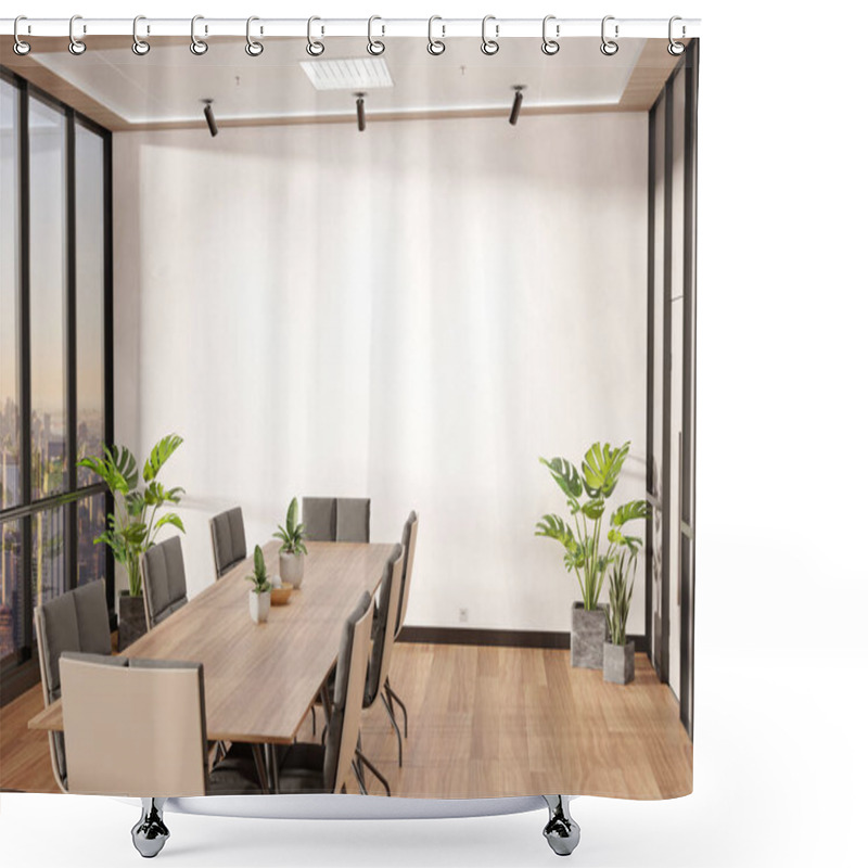 Personality  Blank Wall Mockup In Bright Wooden Office With Large Windows And Sun Passing Through. Empty Company Meeting Room 3D Rendering Shower Curtains