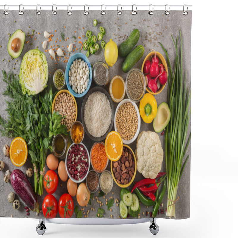 Personality  Concept Balanced Diet Of Fruits, Vegetables, Seeds, Legumes, Grains, Cereals, Herbs And Spices. Products Containing Vitamins, Mineral Salts, Antioxidants, Fiber Concrete Background Top View Shower Curtains