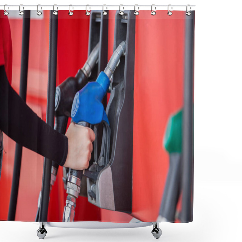 Personality  Close Up Hand Of Woman Holding Pump Nozzle For Service At Gas Station. Male Employee Worker Fueling Oil Car. Business Energy Concept. Shower Curtains